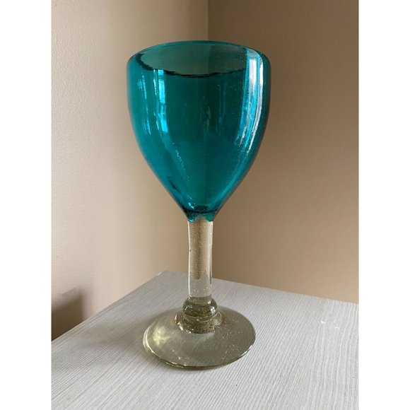Heavy Aqua Luster Blue Glass Goblet Cup with Clear Luster Stem and Base Hand Blo - Picture 4 of 13